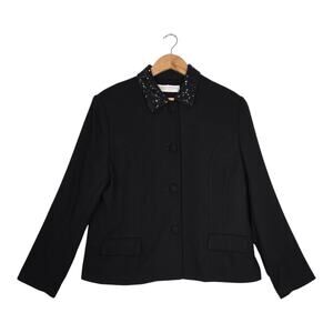 Valerie Stevens Wool Blazer 14 Black Beaded Sequin Collar Vintage 90s Power Glam